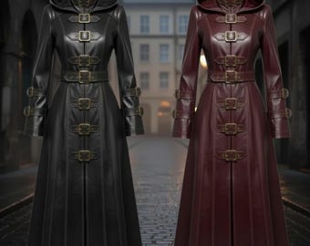 Women Gothic Leather Buckle Coat Long Hooded Steampunk Tailcoat Victorian Cosplay Trench Overcoat