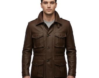 Men Field Leather Brown Coat 3/4 Jacket | Military Style Utility Vintage Outdoor Coat