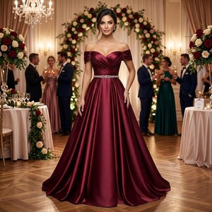 May include: A floor-length, off-the-shoulder gown in deep burgundy satin. The bodice features a pleated, crossover design, while the waist is accented with a thin, sparkling rhinestone belt. The skirt is full and flows to the floor.