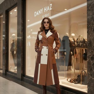 Leren lange jas dames patchwork tan bruin crème, winter Trench-outfit met riem