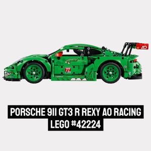 May include: A green LEGO Porsche 911 GT3 R Rexy AO Racing car model. The model features a detailed design with a rear spoiler, racing decals, and the number 77. The text "PORSCHE 911 GT3 R REXY AO RACING LEGO #42224" is displayed.