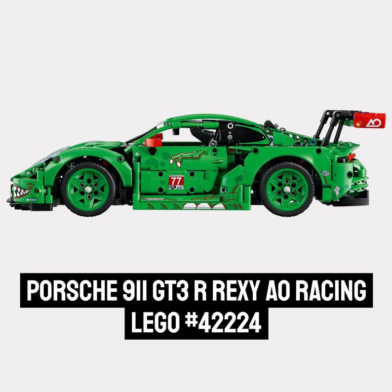 May include: A green LEGO Porsche 911 GT3 R Rexy AO Racing car model. The model features a detailed design with a rear spoiler, racing decals, and the number 77. The text "PORSCHE 911 GT3 R REXY AO RACING LEGO #42224" is displayed.