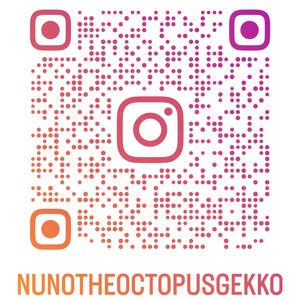 May include: A gradient-colored QR code with the Instagram logo in the center and at the top and bottom corners. The text "NUNOTHEOCTOPUSGEKKO" is displayed below the QR code in orange.