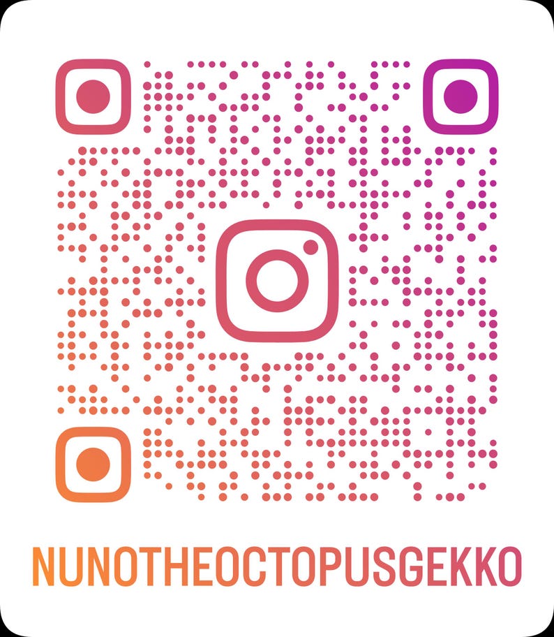 May include: A gradient-colored QR code with the Instagram logo in the center and at the top and bottom corners. The text "NUNOTHEOCTOPUSGEKKO" is displayed below the QR code in orange.