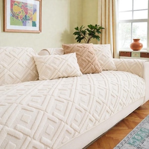 May include: A cream-coloured sofa with matching throw cushions. The sofa and cushions have a geometric diamond pattern. The cushions are in varying shades of cream and tan. The sofa is in a well-lit room with a window.