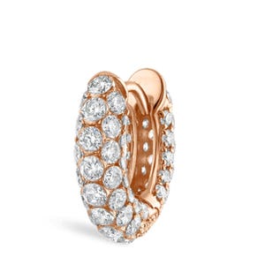 May include: A single rose gold hoop earring encrusted with numerous clear, round-cut gemstones. The earring is a small, curved design, with the gemstones covering the front and sides. The clasp is visible on the back of the earring.