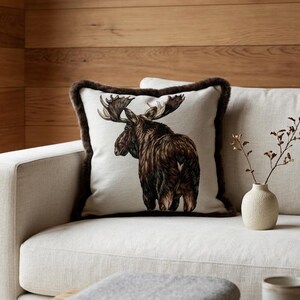 Funda de almohada con tapiz de alce y ribete de piel sintética, cojín con motivos de animales del bosque, almohada decorativa rústica para cabaña, decoración para el hogar estilo lodge, funda de almohada con motivos de vida silvestre