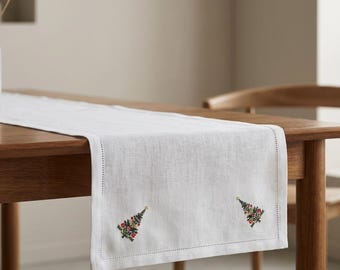 Christmas Tree Linen Table Runner 37x100 cm, 100% Linen Holiday Table Decor, Winter Scandinavian Runner, Natural Christmas Table Decoration