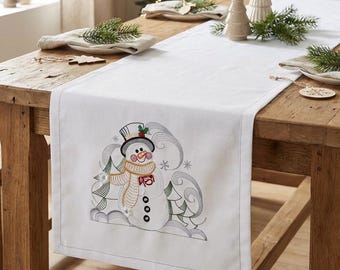 Witte tafelloper met sneeuwpopmotief, 40x140 cm, winterse kersttafeldecoratie, feestelijke eettafelloper, sneeuwpop woondecoratie