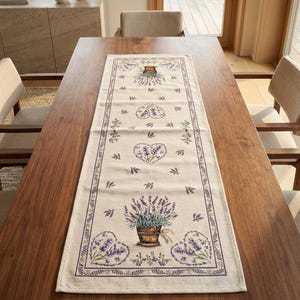 Runner da tavolo color lavanda 18"x55" pollici, decorazione da tavolo floreale beige chiaro, lino da fattoria provenzale, runner da pranzo primaverile 15"x40" pollici