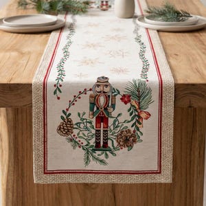 Nutcracker Tapestry Table Runner, Beige Christmas Runner with Silver Lurex, Holiday Table Decor, Rectangular Gobelin Runner, Multiple Sizes