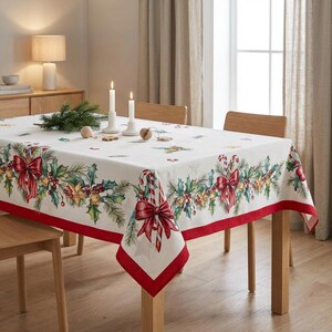 Può includere: Una tovaglia natalizia rettangolare bianca con bordo rosso. La tovaglia presenta un design festivo con bastoncini di zucchero, agrifoglio e fiocchi rossi. Il tavolo è apparecchiato con candele e una piccola composizione sempreverde.