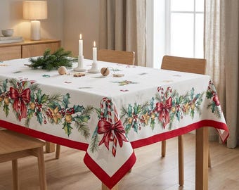 May include: A white Christmas tablecloth with a red border, decorated with candy canes, holly, and red bows. The table is set with candles and a small evergreen arrangement. The table is made of wood.