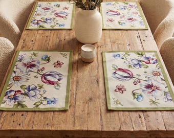 Manteles individuales de tapiz (juego de 4) Florales verdes y beige Rectangulares 33 x 48 cm