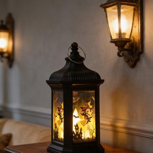 May include: A black Halloween lantern with a witch and bat design. The lantern has a handle and is lit from within, creating a warm glow. The design includes a silhouette of a haunted house and flying witches.