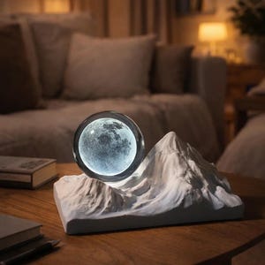 May include: A decorative moon lamp featuring a detailed lunar surface within a clear orb. The orb floats above a white mountain-shaped base. The lamp is on a wooden table, creating a unique home decor accent.