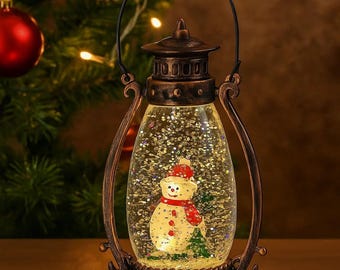Christmas Snowman Lantern, Light-Up Snow Globe Table Lamp