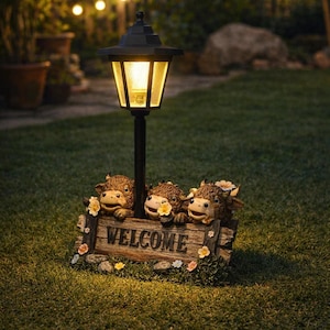 May include: A decorative outdoor lamp post with a black finish, topped with a lantern. The base features three cow figurines peeking over a wooden sign that reads "WELCOME". The scene is set in a grassy yard with string lights.