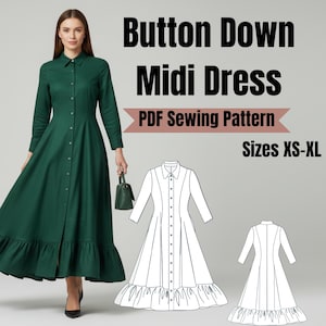 Puede incluir: Una mujer modela un vestido midi verde oscuro con botones, mangas largas y dobladillo con volantes. El vestido está abotonado en la parte delantera y tiene cuello. La imagen incluye un patrón de costura PDF y tallas XS-XL.