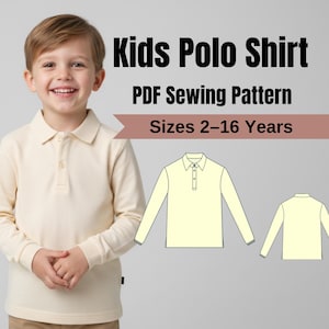 May include: A child in a cream-coloured long-sleeved polo shirt. The image includes the text "Kids Polo Shirt PDF Sewing Pattern Sizes 2-16 Years" and illustrations of the shirt.