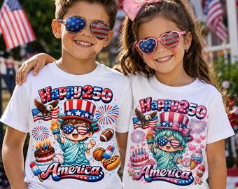 Kids Patriotic PNG Happy 250 Years America Boy Girl Siblings USA Shirt Sublimation Design 4th of July Digital Download Independence Day