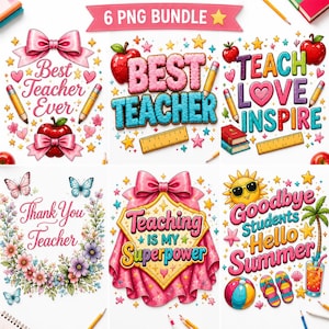 Puede incluir: Un paquete de arte digital con seis diseños con temas de agradecimiento a los profesores. Los diseños incluyen texto como "Mejor profesor de todos", "Enseñar, amar, inspirar" y "Enseñar es mi superpoder". Cada diseño incorpora elementos como manzanas, lápices y lazos.