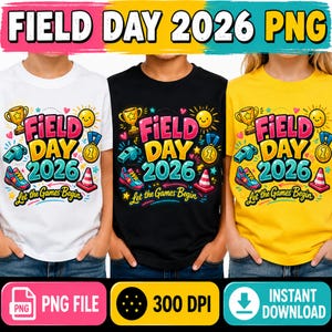 Può includere: Tre magliette per bambini con un design "Field Day 2026". Le magliette sono bianche, nere e gialle. Il design include un trofeo, un fischietto, scarpe da ginnastica, una medaglia e un cono. È presente anche il testo "Let the Games Begin".