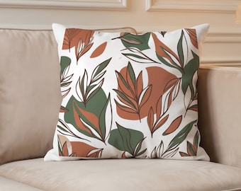 Housse de coussin moderne, motif abstrait bohème à feuilles, housse de coussin minimaliste aux tons terreux terracotta, décoration de salon