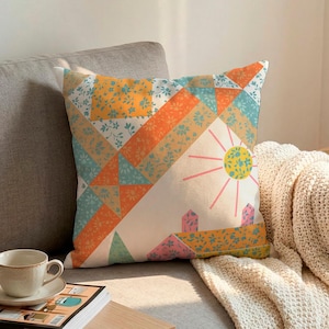 Retro Sun Patchwork Pillowcase, Boho Floral Cotton Linen Cushion Cover, Colorful Summer Decor Pillow, Living Room Accent