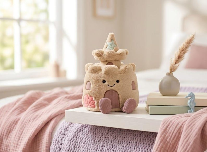 May include: A plush sandcastle toy in shades of tan, pink, and light blue. The toy has a smiling face, a door, and a star on top. It is sitting on a white tray with a vase and books.