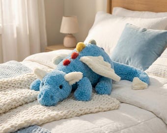 Sky Dragon Plush Toy | Ultra-Soft Blue Stuffed Animal, Rainbow Spikes, White Wings, Fantasy Gift