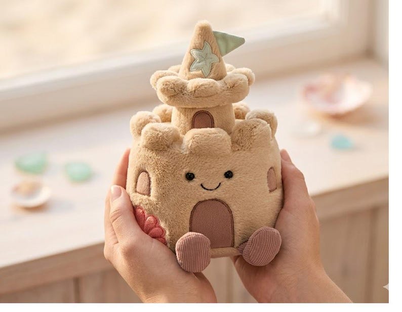 May include: A plush sandcastle toy in shades of tan and beige, featuring a smiling face, arched windows, and a decorative top with a flag. The toy has a soft, textured appearance and is designed to resemble a real sandcastle.