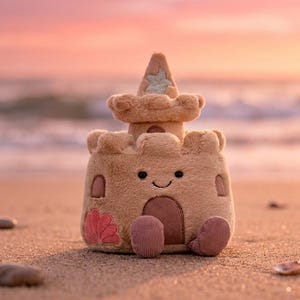 May include: A plush sandcastle toy with a smiling face, a pink seashell, and corduroy feet sits on a sandy beach. The sandcastle is tan with a star-shaped design on the top tower. The background shows the ocean and a sunset.