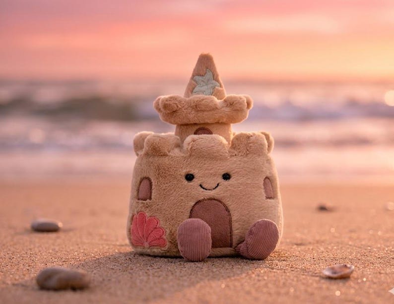 May include: A plush sandcastle toy with a smiling face, a pink seashell, and corduroy feet sits on a sandy beach. The sandcastle is tan with a star-shaped design on the top tower. The background shows the ocean and a sunset.