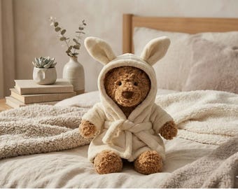 Funny Teddy Bear Plush toy Bartholomew Bear Bathrobe Plush, Cute Bunny Hood, Soft Stuffed Animal Gift, Nursery Decor Toy