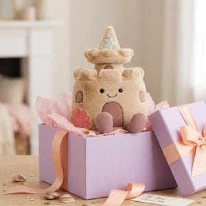 May include: A plush sandcastle toy with a smiling face, sitting inside a lavender gift box with a peach ribbon. The box is lined with pink tissue paper. Seashells and confetti are scattered around the box.