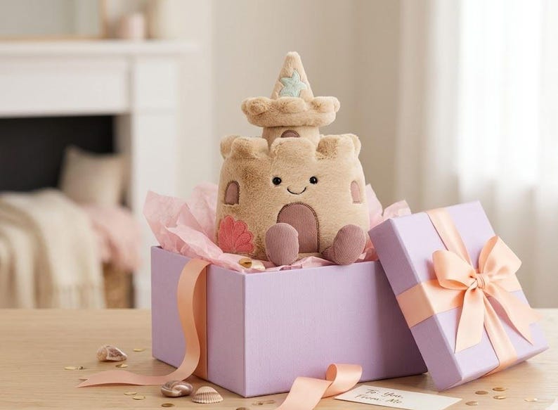 May include: A plush sandcastle toy with a smiling face, sitting inside a lavender gift box with a peach ribbon. The box is lined with pink tissue paper. Seashells and confetti are scattered around the box.