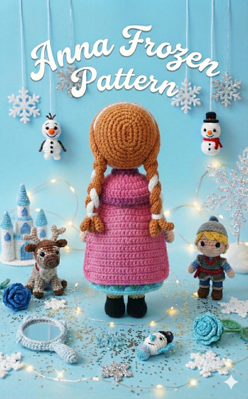 May include: Crocheted Anna doll from the movie Frozen, with long braids, a pink dress, and black shoes. The image also includes crocheted figures of Olaf, Kristoff, a reindeer, a castle, and snowflakes. Text reads "Anna Frozen Pattern".