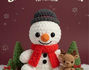 May include: A crocheted snowman with a red scarf, black buttons, and a gray hat, next to a crocheted reindeer. The image includes the text "Snowman Pattern PDF Pattern". The scene is set with miniature green trees, gifts, and candy canes.