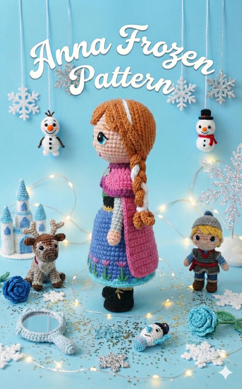 May include: Crocheted Anna doll from the movie Frozen, with a long braid, pink cape, and blue dress. The image also features crocheted figures of Olaf, Kristoff, Sven, a castle, and snowflakes. The text "Anna Frozen Pattern" is at the top.