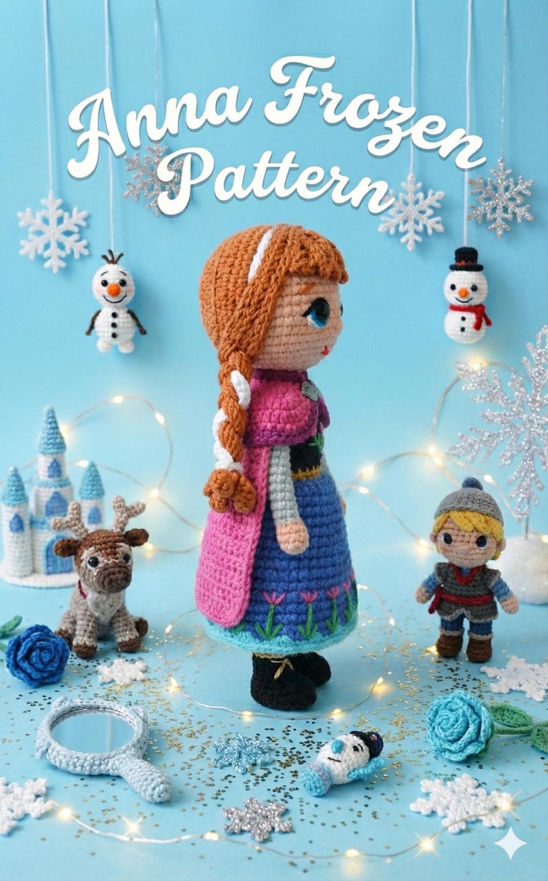 May include: Crocheted Anna doll from the movie Frozen, with a long braid, pink cape, and blue dress. The image includes other crocheted characters and objects from the movie, such as Olaf, Kristoff, a reindeer, and a castle. The text "Anna Frozen Pattern" is at the top.