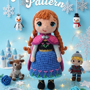 May include: A crochet pattern display featuring a large Anna doll with red braids, a pink cape, and a blue dress. Other crochet figures include Olaf, Kristoff, a reindeer, a castle, and snowflakes. The text "Anna Frozen Pattern" is at the top.
