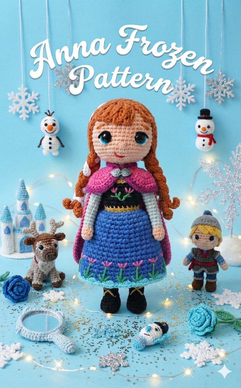May include: A crochet pattern display featuring a large Anna doll with red braids, a pink cape, and a blue dress. Other crochet figures include Olaf, Kristoff, a reindeer, a castle, and snowflakes. The text "Anna Frozen Pattern" is at the top.