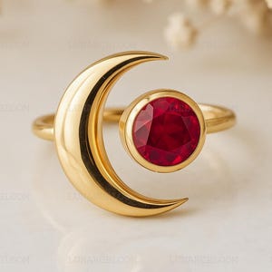 Guldfärgad halvmånering med rubin ädelsten, himmelska smycken för kvinnor, läcker månring, andlig gåva, bohemisk minimalistisk ring för jul