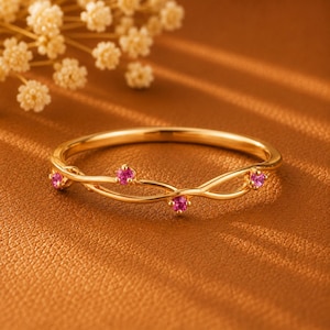 Pink Ruby Minimalist Rose Gold Wedding Band, Vintage Twisted Vine Ring, Nature Inspired Leaf Ring, Branch Twig Band, Half Eternity Ring