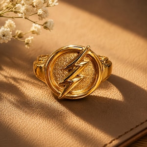 Flitsring, sterlingzilveren ring, vlampuntring, DC Jewelry, DC Comics unisex ring, zegelring, handgemaakte ring, cosplayring, 14k gouden ring