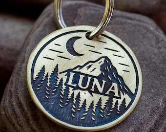 Brass Animal Tag with Mountains, Forest and Moon