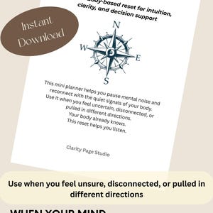 May include: A digital download titled "Inner Signal Check" with a compass graphic. The text includes instructions for reconnecting with your body's signals when feeling uncertain. The download is from Clarity Page Studio.