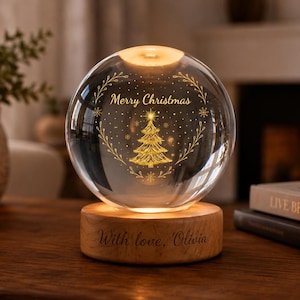 Merry Christmas Tree  Glass Crystal Ball Light Ornament With Wooden Base, Warm Globe Night Lamp, Unique Holiday Gift, Christmas Decor