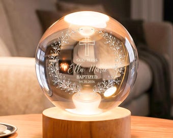 Adorno luminoso personalizado de bola de cristal con forma de cruz de bautismo, con nombre y fecha del bebé personalizados y base de madera. Regalo ideal para niño o niña.